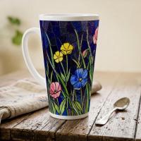 Set of 3 Cups, Floral, Large 17oz Latte Ceramic Mugs - Extra Tall Cup Set