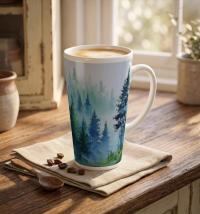 Set of 4 Cups, Forest, Large 17oz Latte Ceramic Mugs - Extra Tall Cup Set
