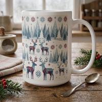 Christmas Mug, Reindeer, Large and Small Mug Set