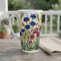 Set of 3 Cups, Floral, Large 17oz Latte Ceramic Mugs - Extra Tall Cup Set
