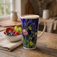 Set of 3 Cups, Floral, Large 17oz Latte Ceramic Mugs - Extra Tall Cup Set