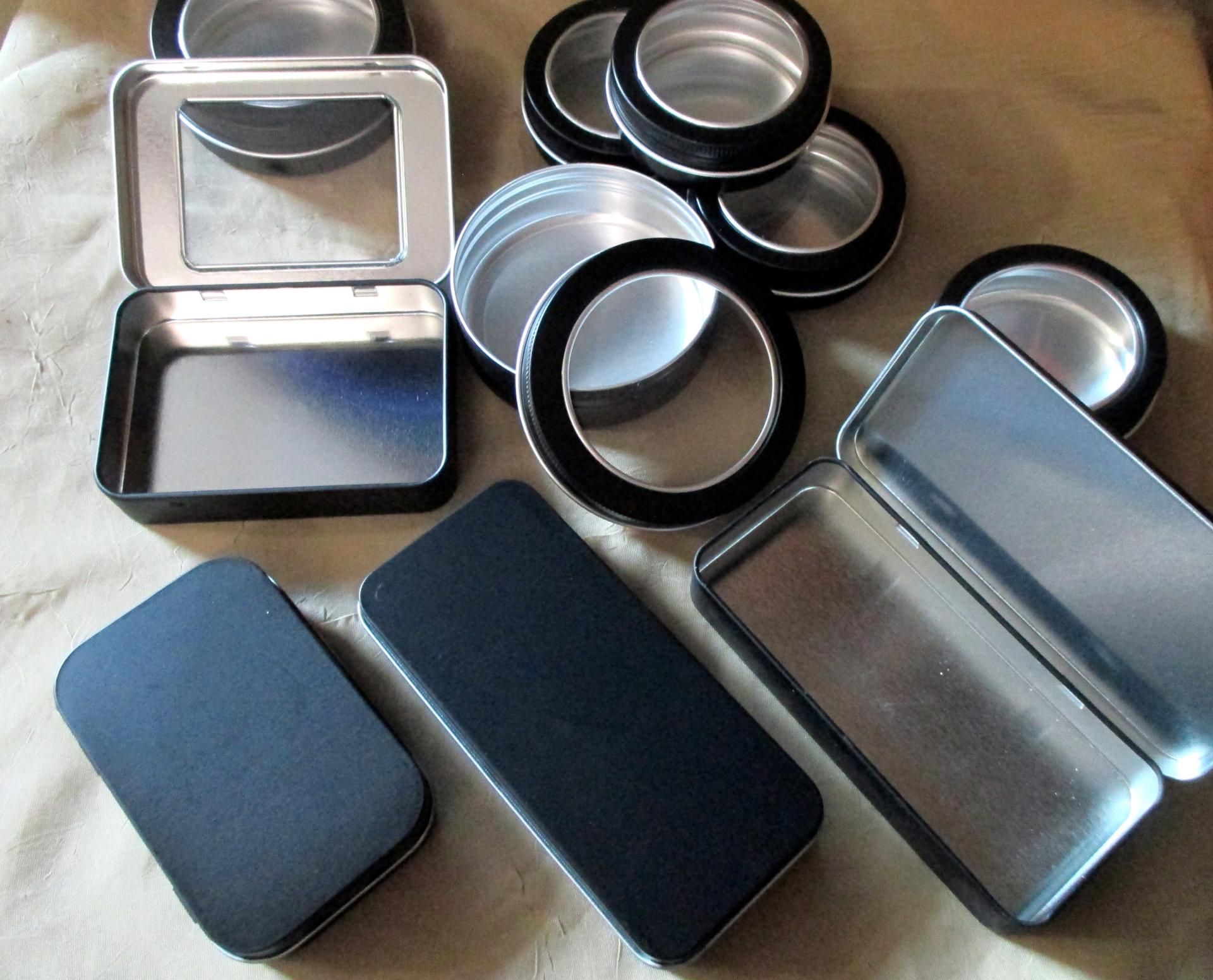 Black Tins, Tin Containers, multiple sizes - Craft Tin, Stash Container, Gift Tin, Tin Box