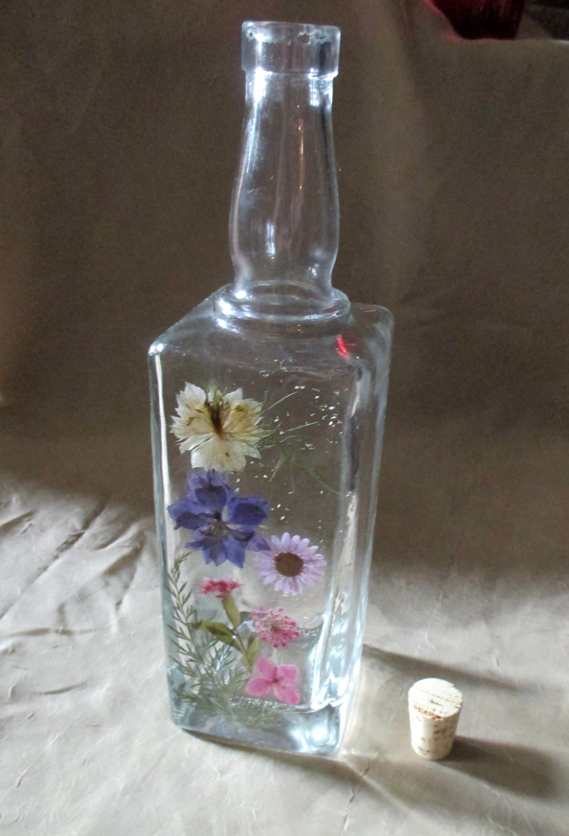 Floral Bottles, Large 17oz Corked Bottle - Glass Bottles with Epoxy, Flowers in Resin