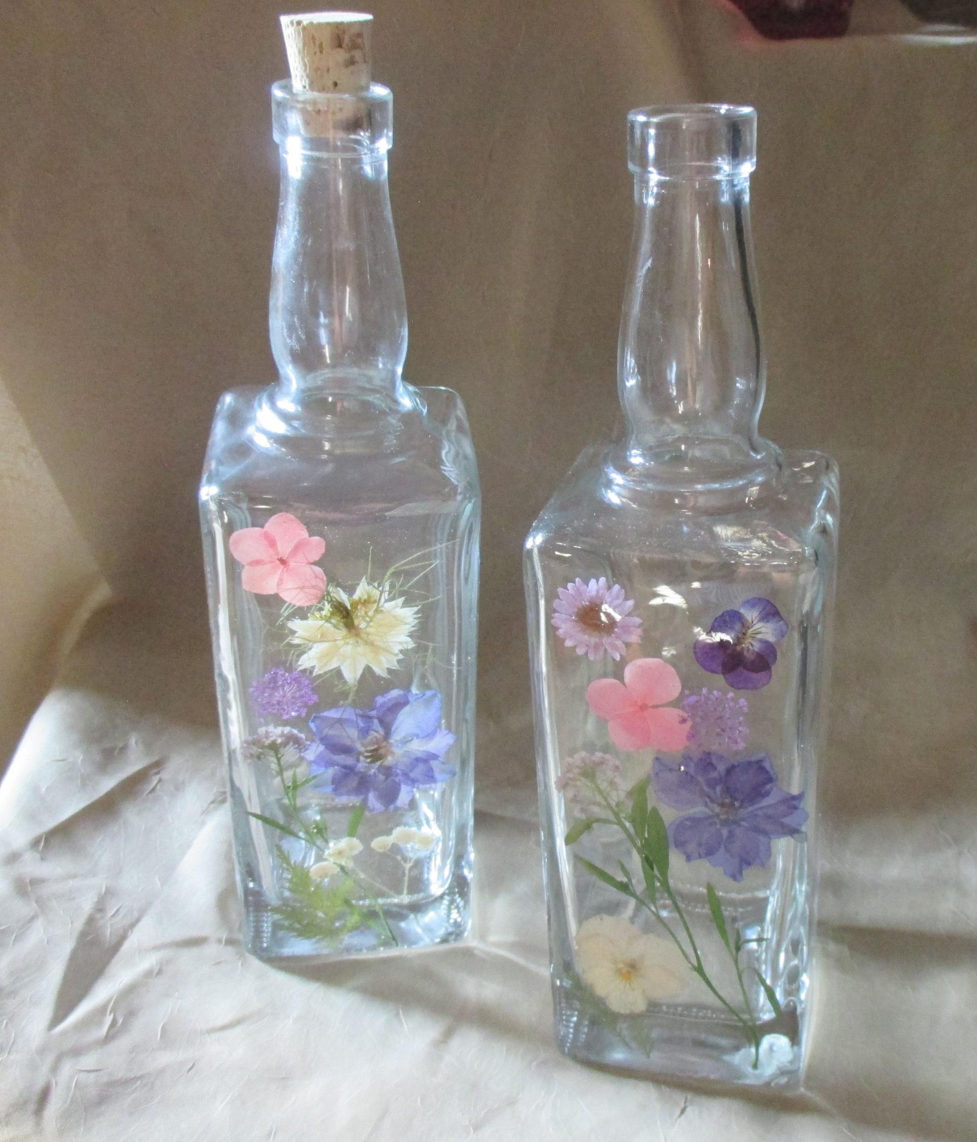 Floral Bottles, Large 17oz Corked Bottle - Glass Bottles with Epoxy, Flowers in Resin