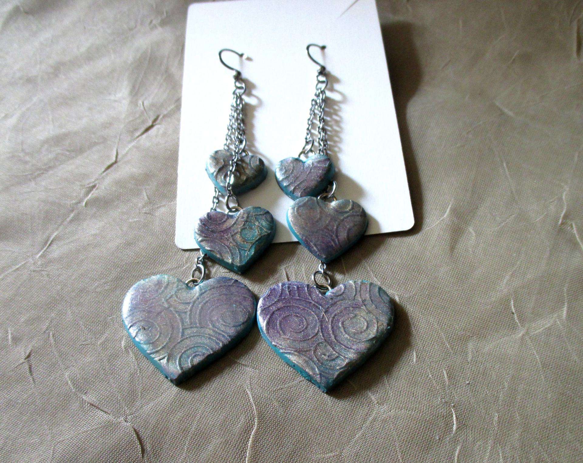 Heart Earrings - Polymer Clay Earrings - Handmade Dangle Earrings