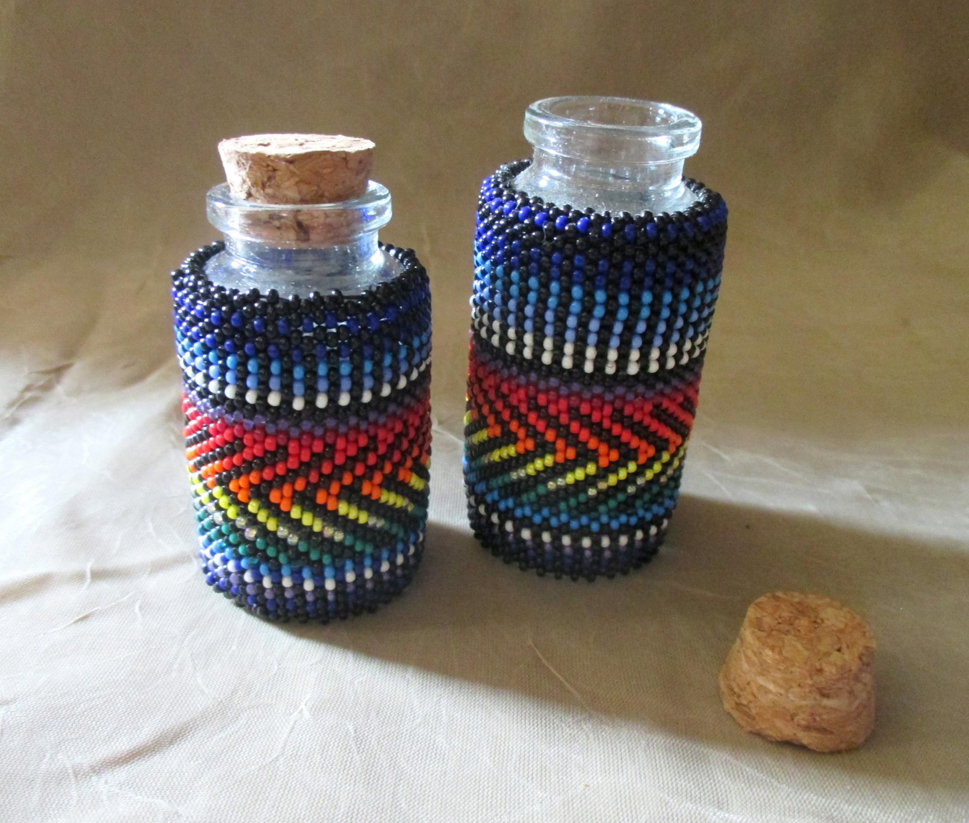 Beaded Jar with Cork - Handmade Bead Wrapped Glass Jar - Rainbow