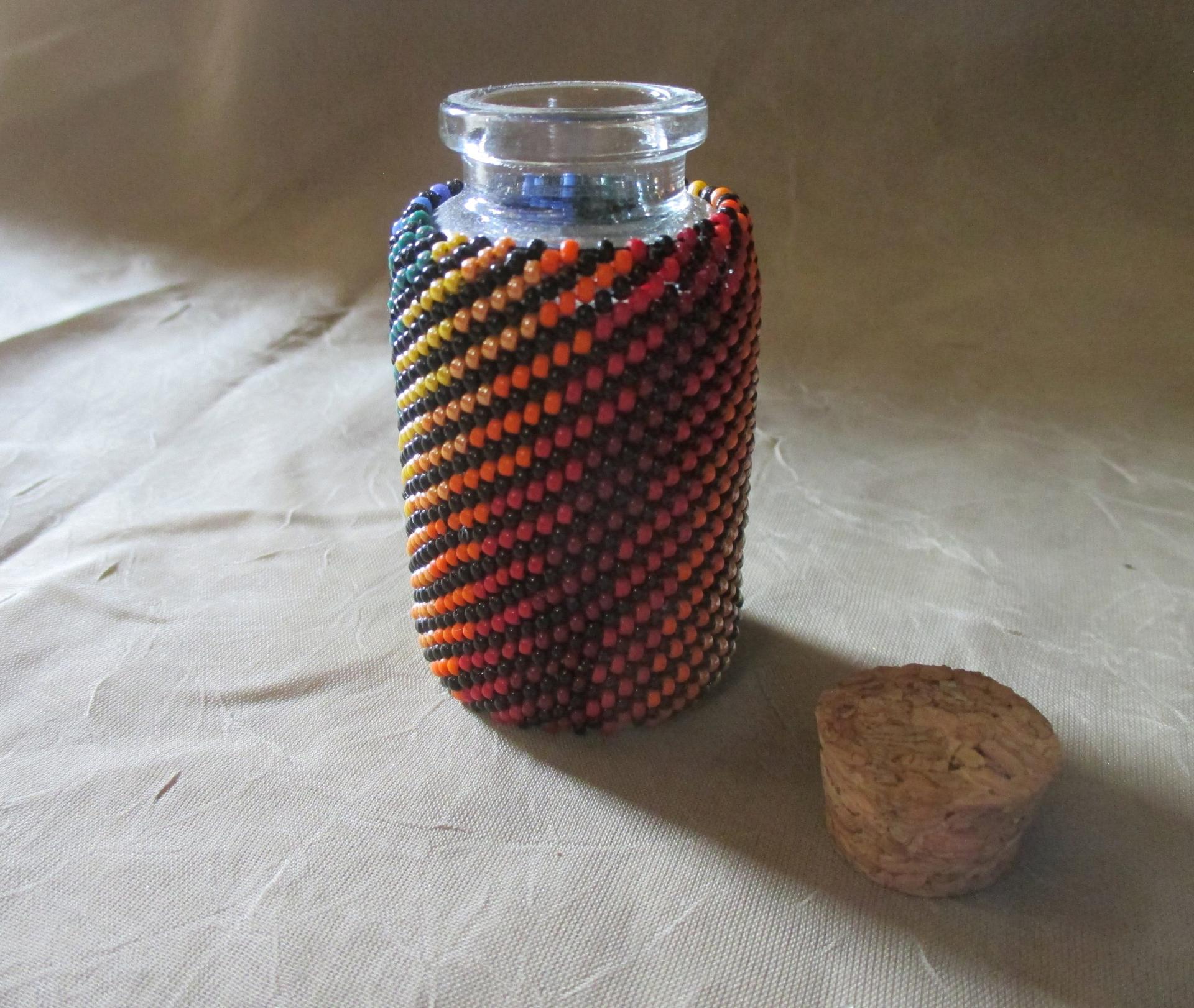 Beaded Jar with Cork - Handmade Bead Wrapped Glass Jar - Rainbow