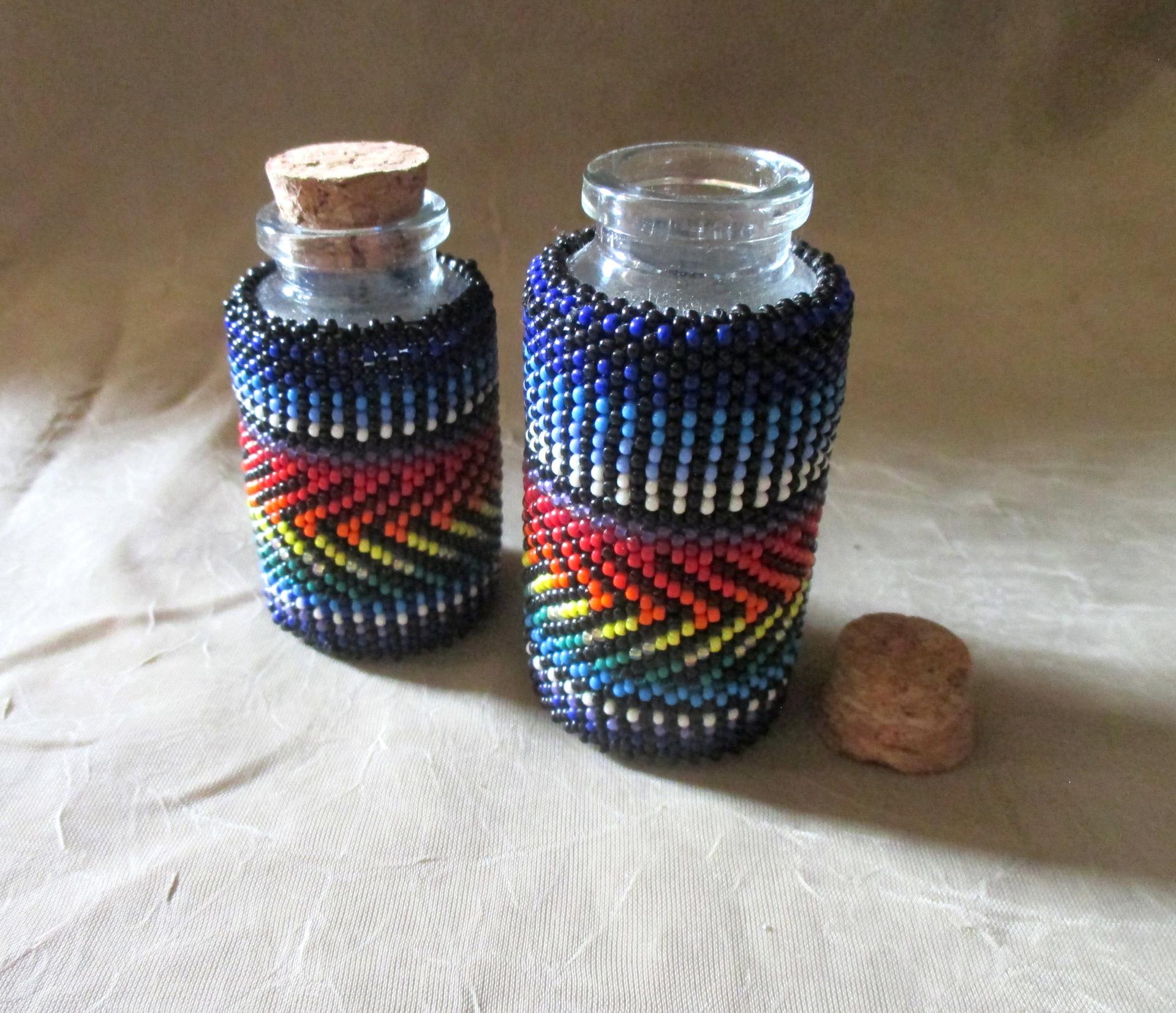 Beaded Jar with Cork - Handmade Bead Wrapped Glass Jar - Rainbow