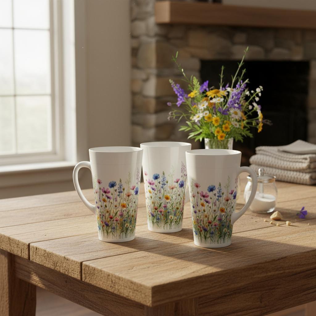 Set of 3 Cups, Floral, 17oz Latte Ceramic Mugs Set - Extra Tall Cup Set