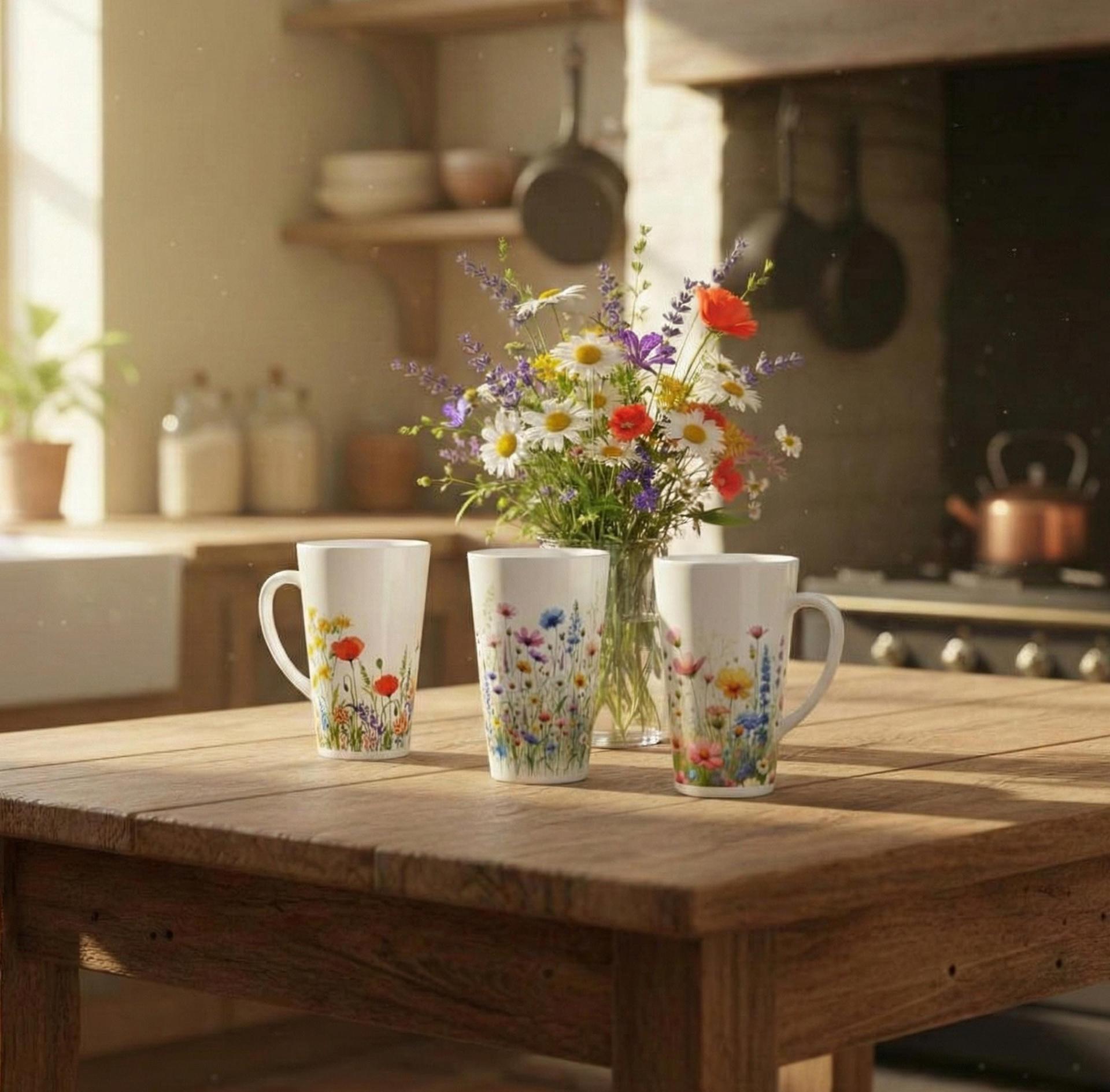 Set of 3 Cups, Floral, 17oz Latte Ceramic Mugs Set - Extra Tall Cup Set