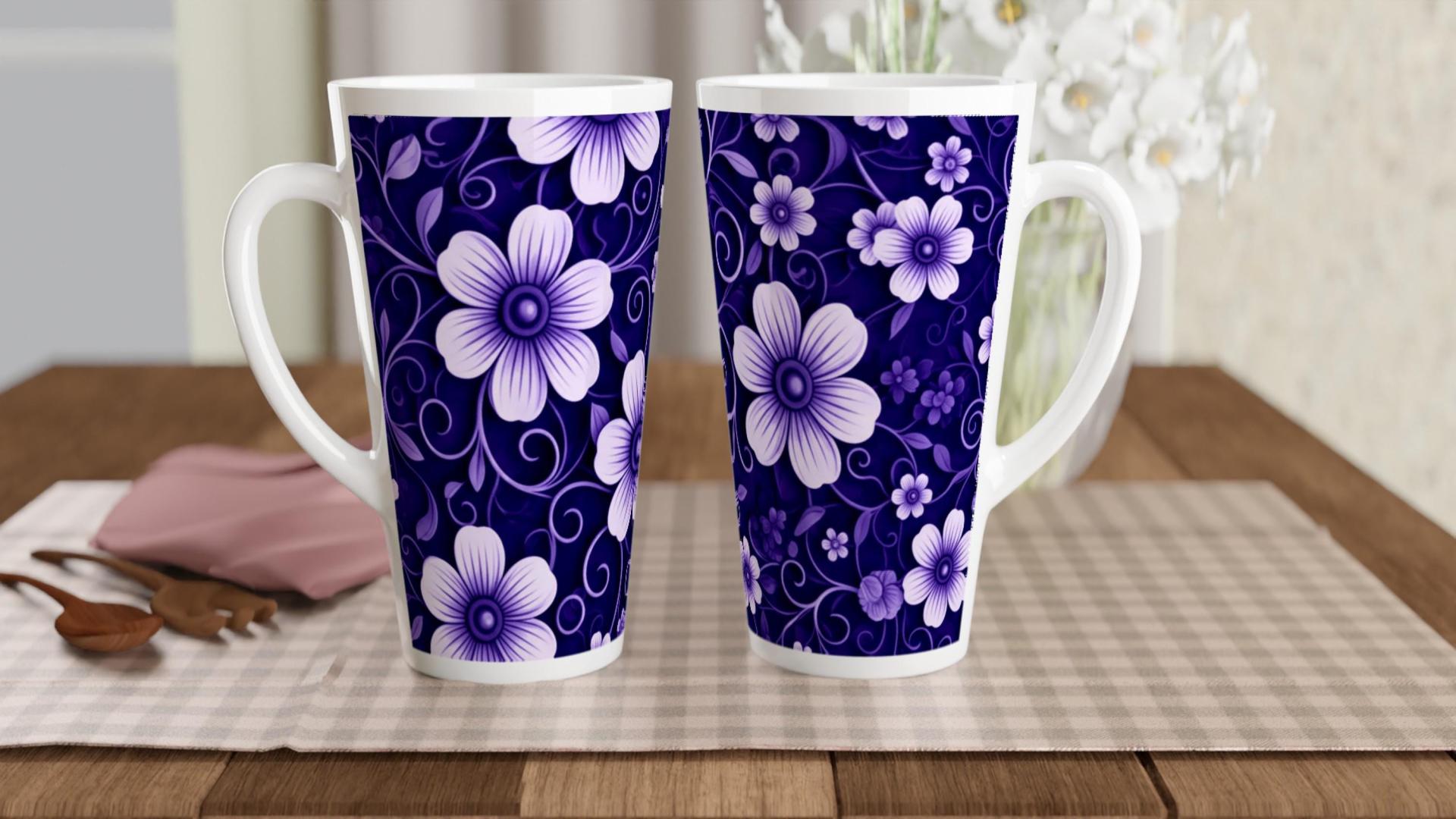 Set of 5 Cups, Floral, 17oz Latte Ceramic Mugs Set - Extra Tall Cup Set