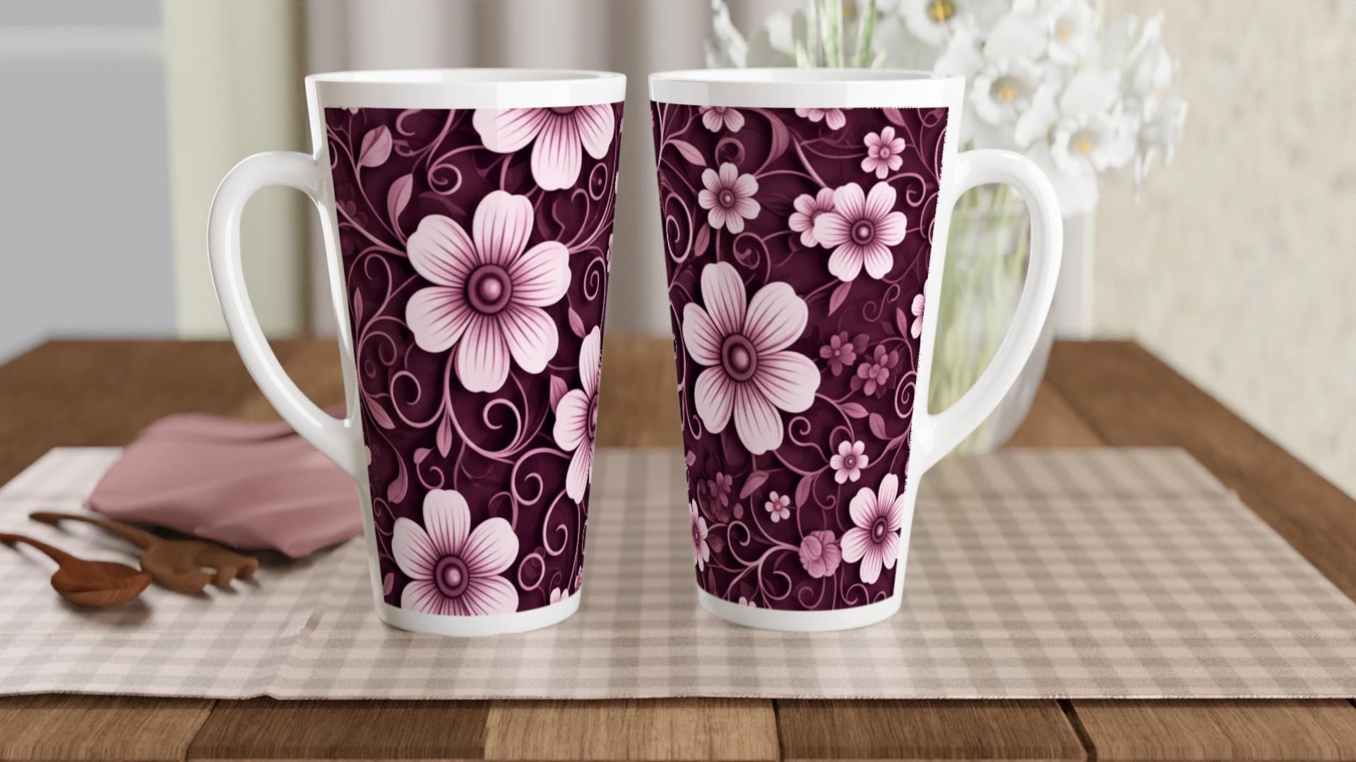 Set of 5 Cups, Floral, 17oz Latte Ceramic Mugs Set - Extra Tall Cup Set