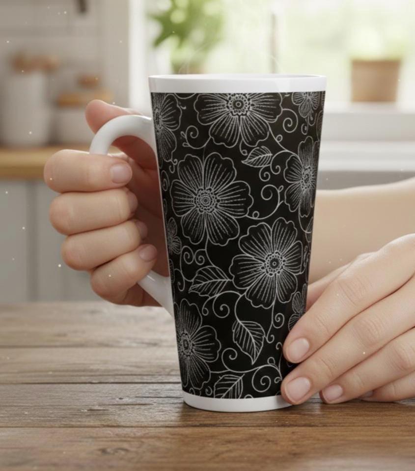 Set of 3 Cups, Floral, 17oz Latte Ceramic Mugs Set - Extra Tall Cup Set