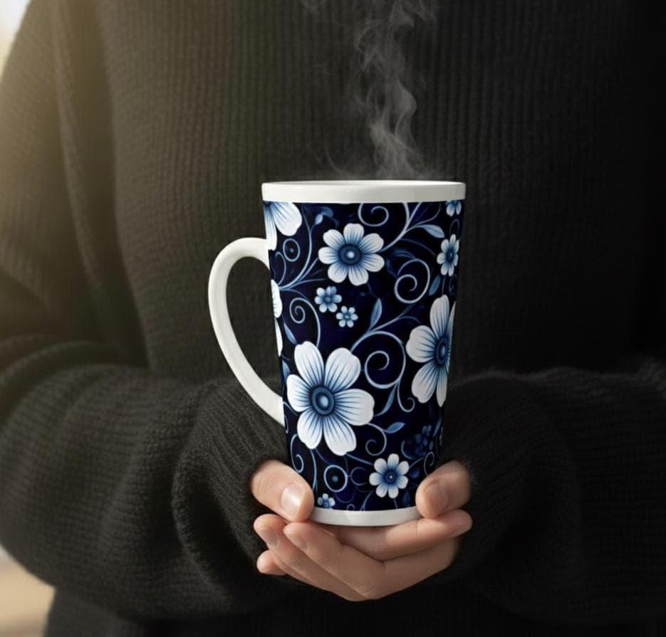 Set of 5 Cups, Floral, 17oz Latte Ceramic Mugs Set - Extra Tall Cup Set