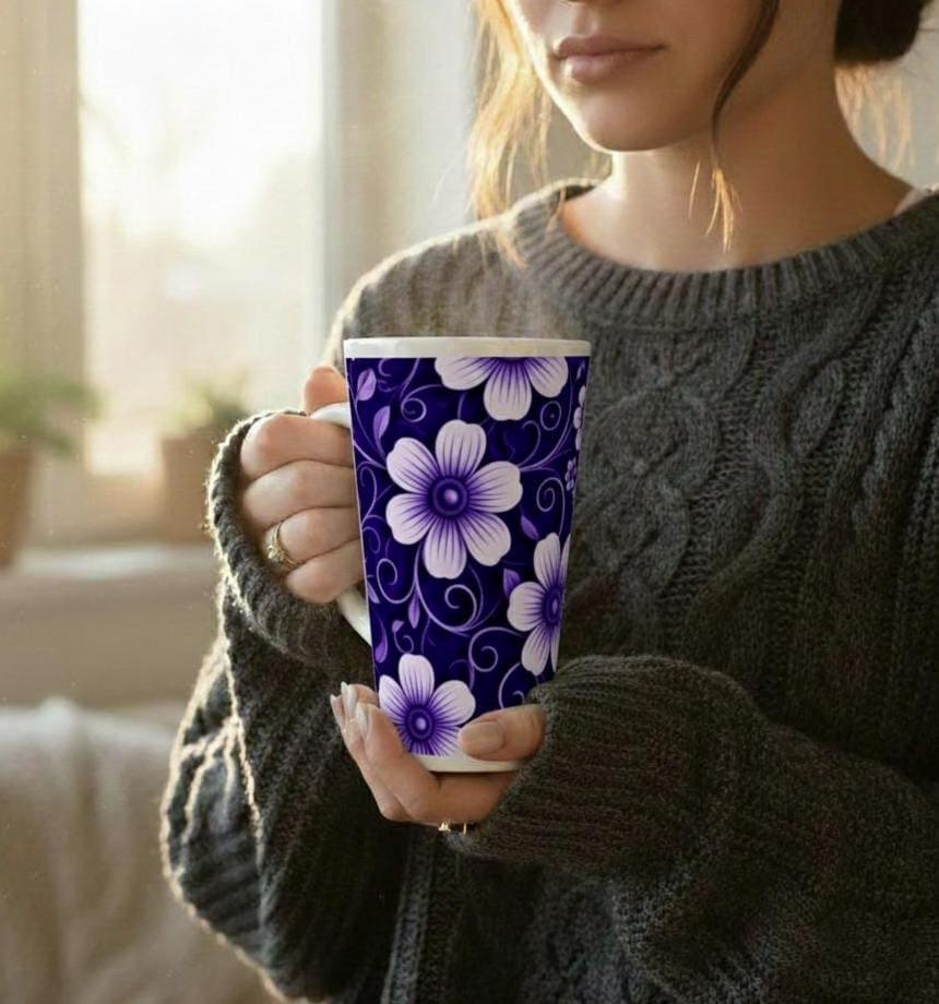 Set of 5 Cups, Floral, 17oz Latte Ceramic Mugs Set - Extra Tall Cup Set