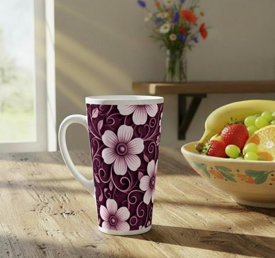 Set of 5 Cups, Floral, 17oz Latte Ceramic Mugs Set - Extra Tall Cup Set