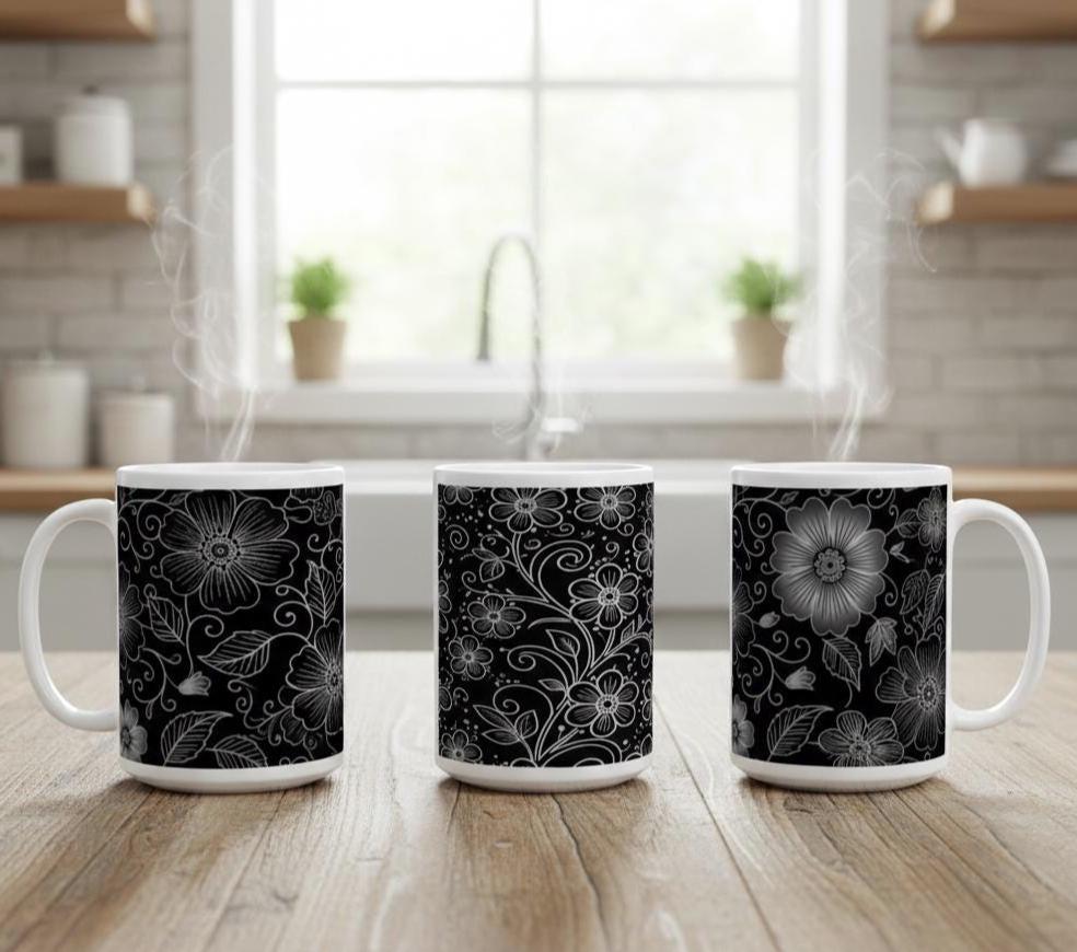 Set of Big Mugs, Dark Floral Cup Set, 15 oz