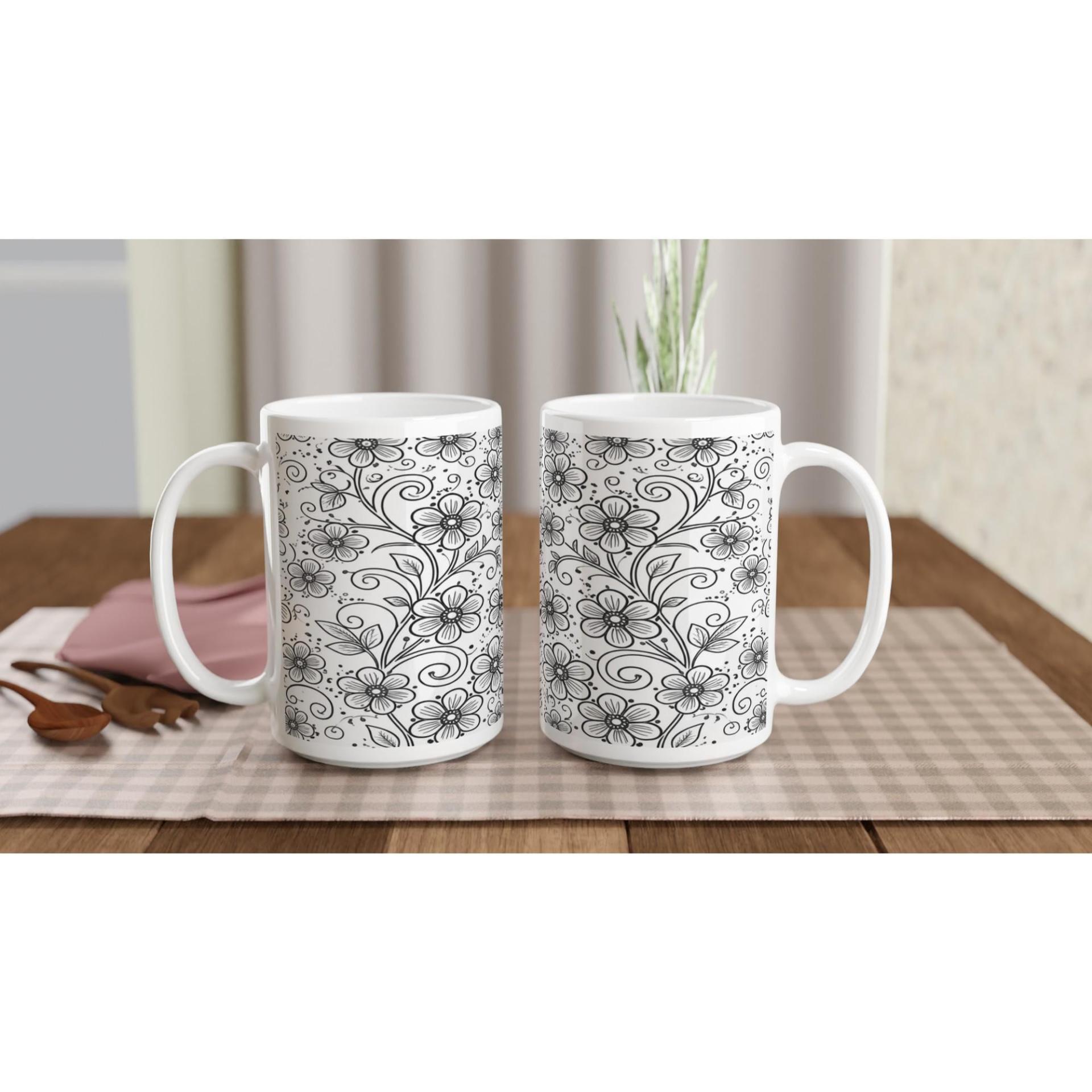 Set of Floral Cups - Light and Dark - Large 15oz Ceramic Mugs