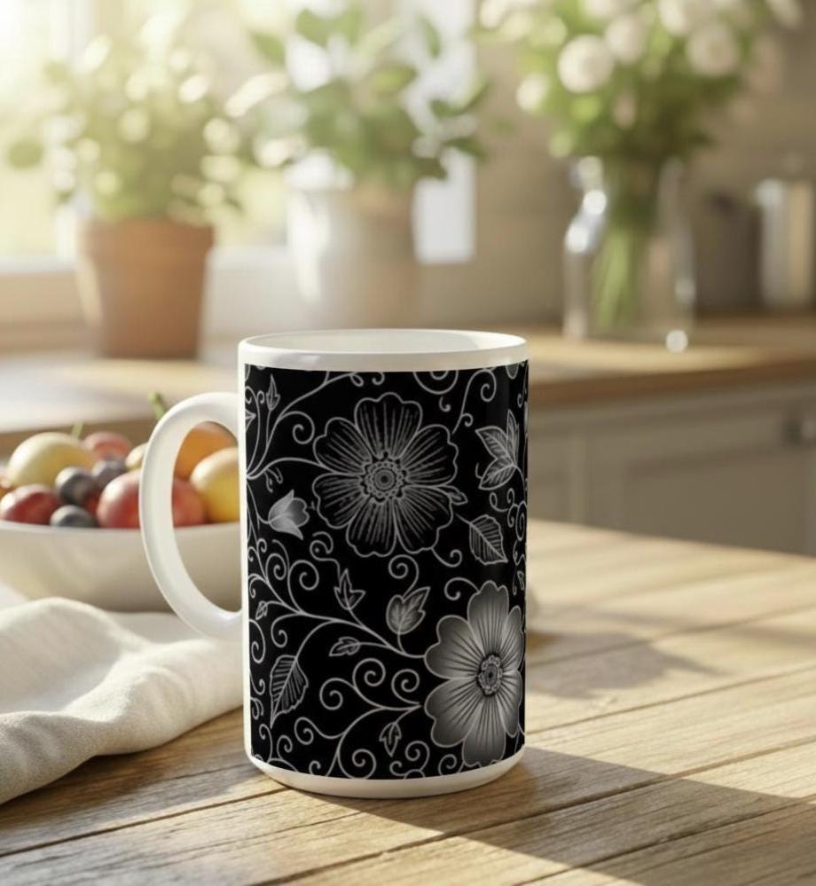 Set of Floral Cups - Light and Dark - Large 15oz Ceramic Mugs