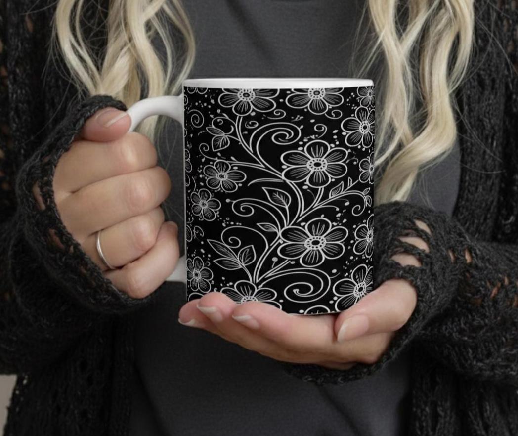 Floral Cups -  Large and Small Ceramic Mugs - 15oz and 11oz Mug Set