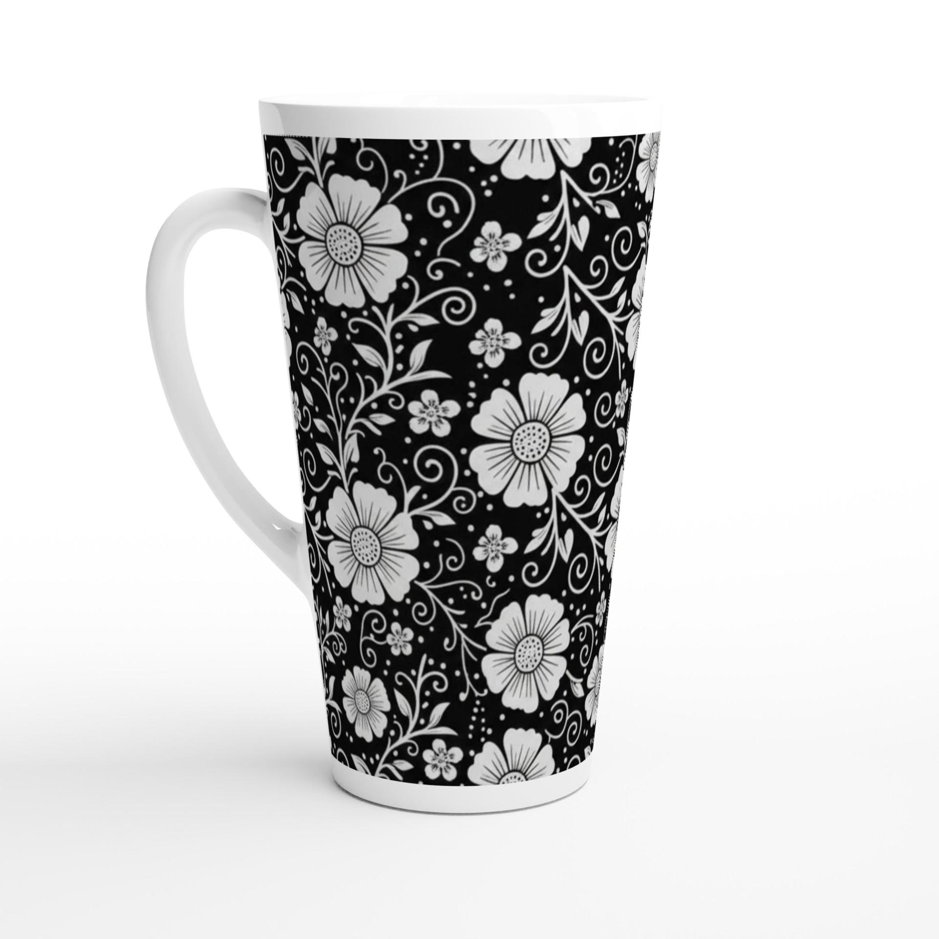 Set of 3 Cups, Floral, 17oz Latte Ceramic Mugs Set - Extra Tall Cup Set
