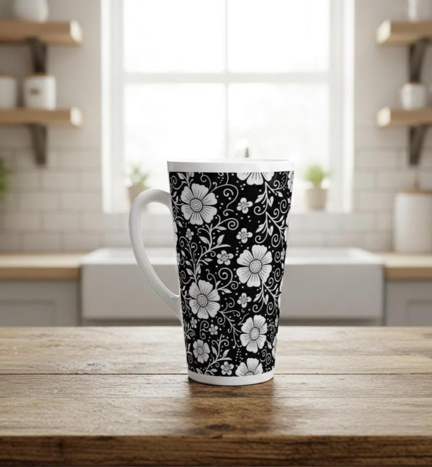 Set of 3 Cups, Floral, 17oz Latte Ceramic Mugs Set - Extra Tall Cup Set