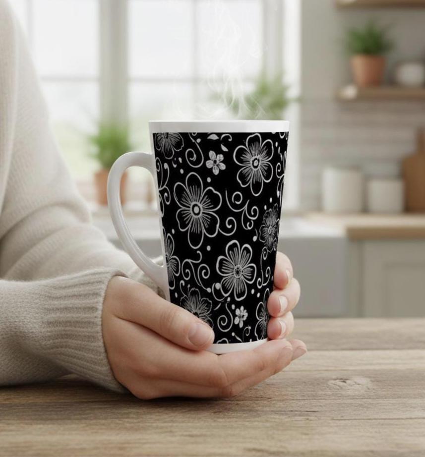 Set of 3 Cups, Floral, 17oz Latte Ceramic Mugs Set - Extra Tall Cup Set