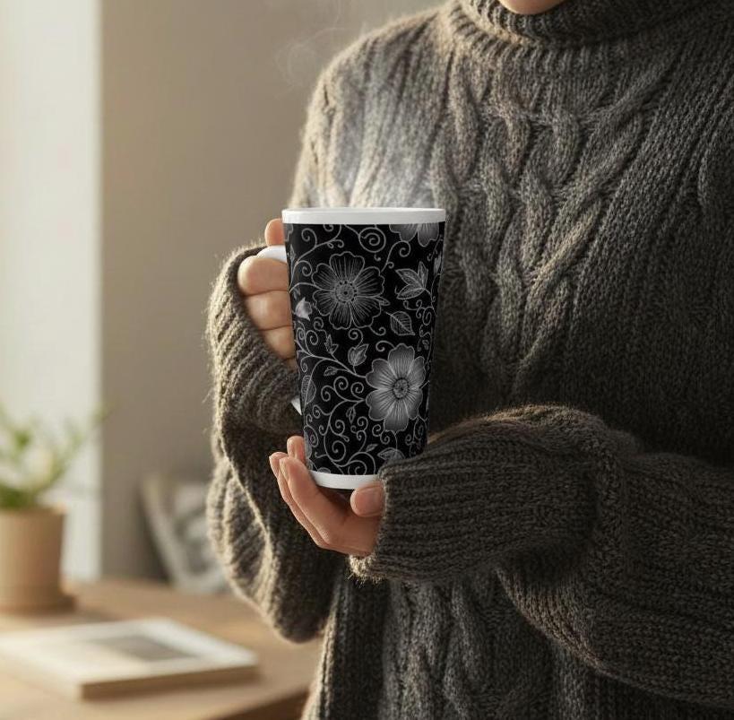 Set of 3 Cups, Floral, 17oz Latte Ceramic Mugs Set - Extra Tall Cup Set