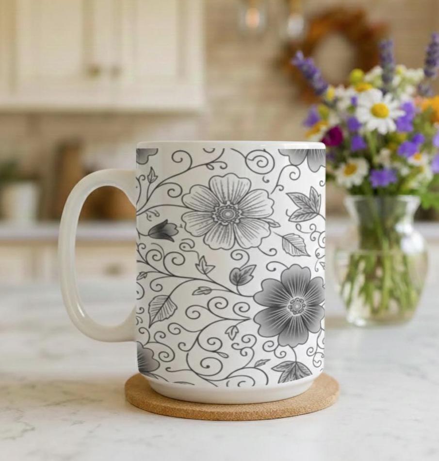 Set of Floral Cups - Light and Dark - Large 15oz Ceramic Mugs