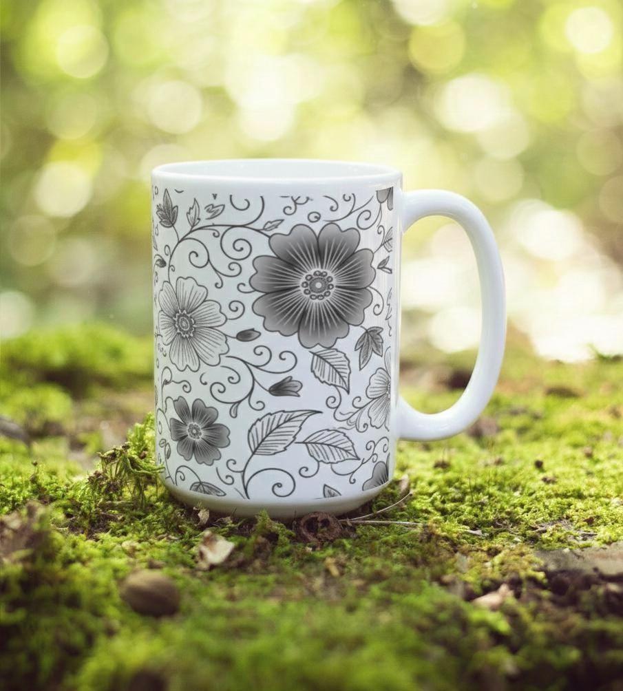 Set of Floral Cups - Light and Dark - Large 15oz Ceramic Mugs