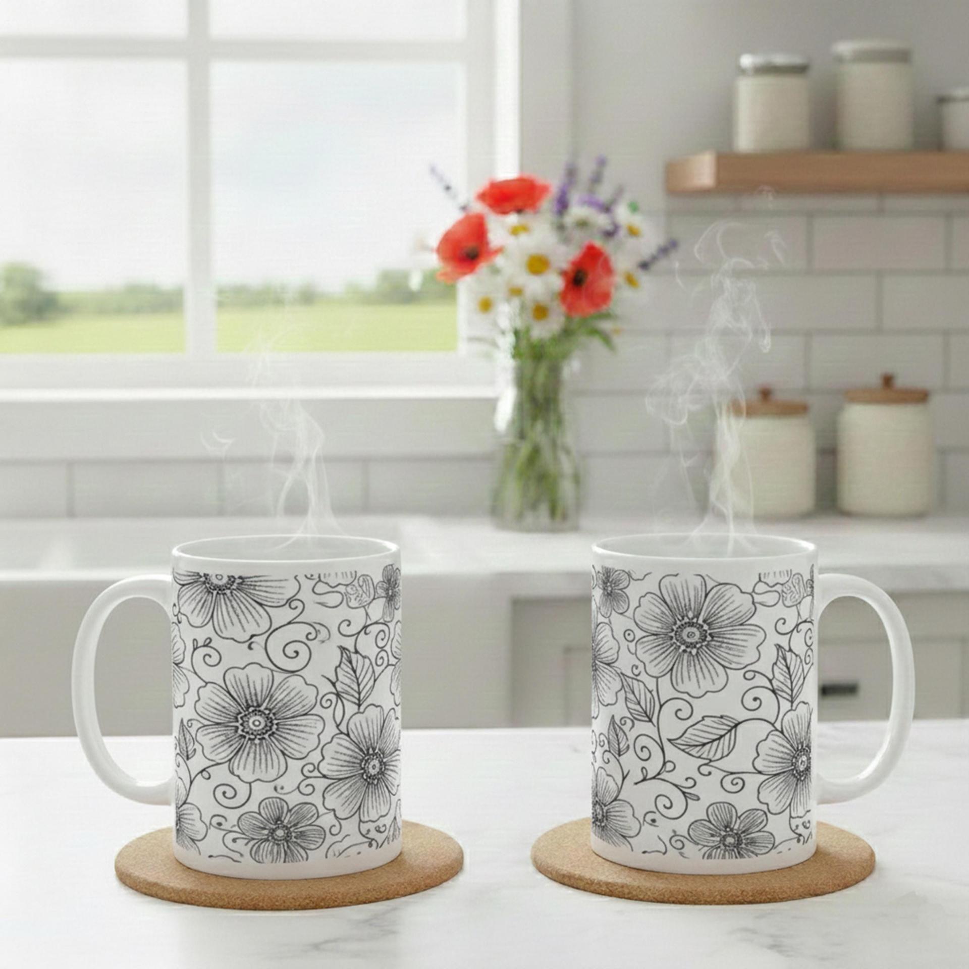 Set of Floral Cups - Light and Dark - Large 15oz Ceramic Mugs