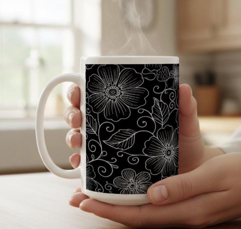 Set of Floral Cups - Light and Dark - Large 15oz Ceramic Mugs