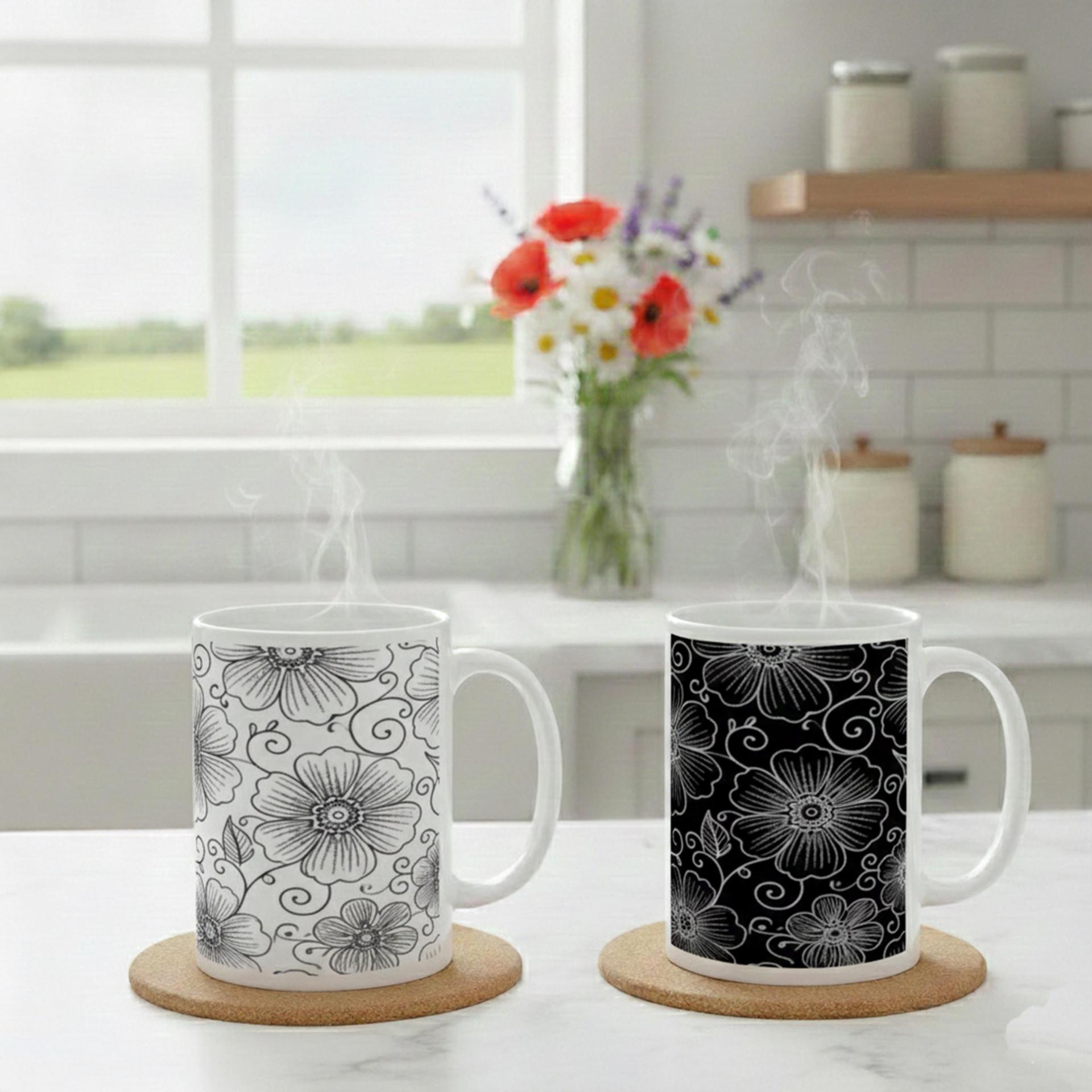 Set of Floral Cups - Light and Dark - Large 15oz Ceramic Mugs