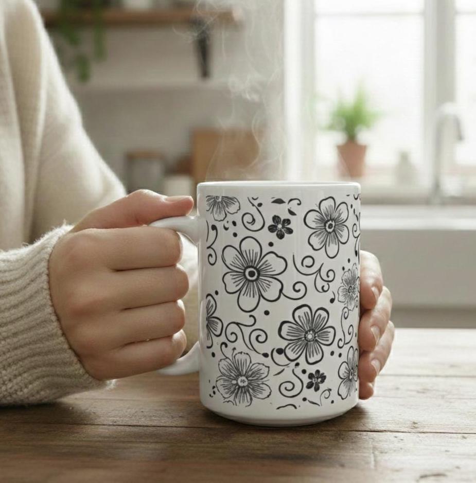 Set of Floral Cups - Light and Dark - Large 15oz Ceramic Mugs