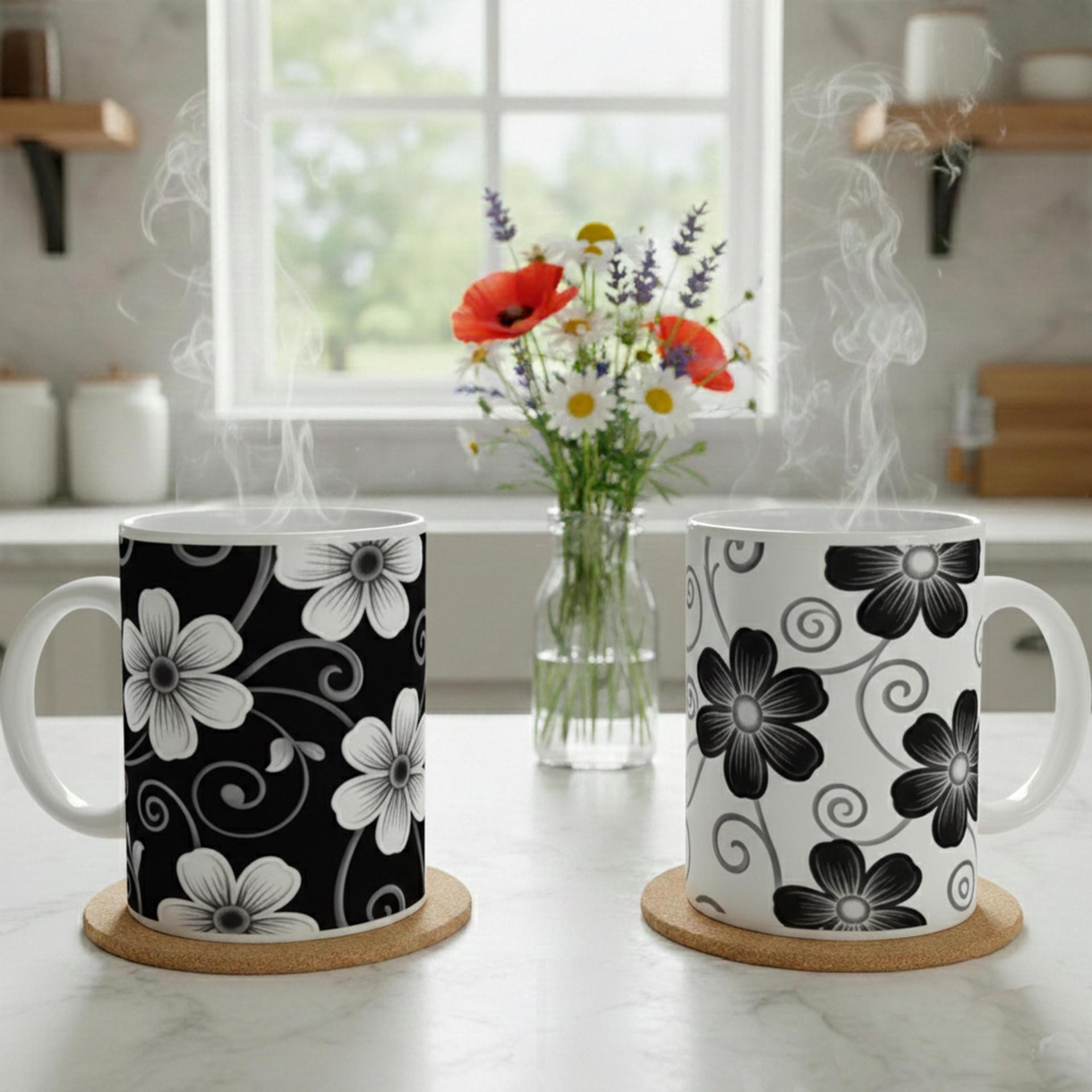 Set of Floral Cups - Light and Dark - Large 15oz Ceramic Mugs