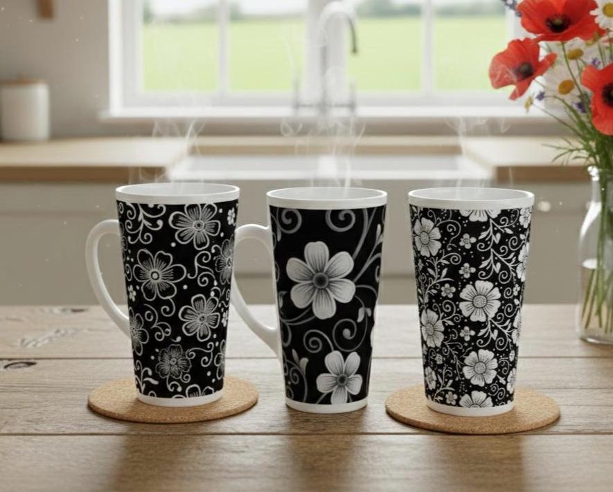 Set of 3 Cups, Floral, 17oz Latte Ceramic Mugs Set - Extra Tall Cup Set
