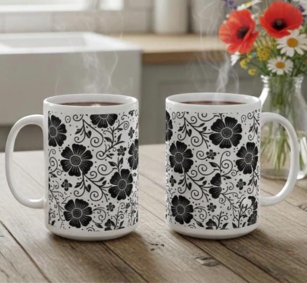 Set of 3 Big Mugs, Floral Cup Set, Large 15 oz