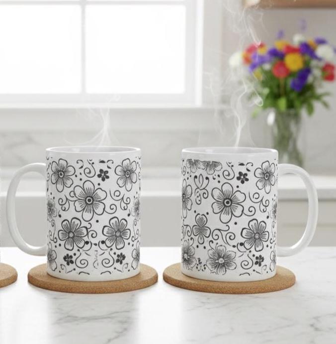 Set of 3 Big Mugs, Floral Cup Set, Large 15 oz