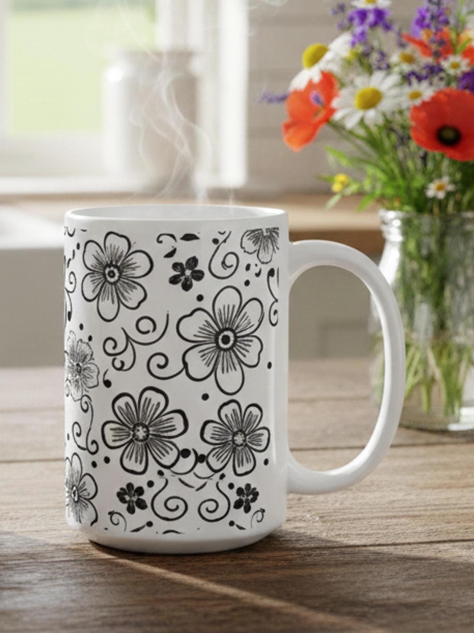 Set of 3 Big Mugs, Floral Cup Set, Large 15 oz