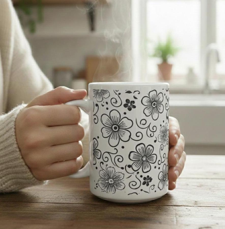 Set of 3 Big Mugs, Floral Cup Set, Large 15 oz