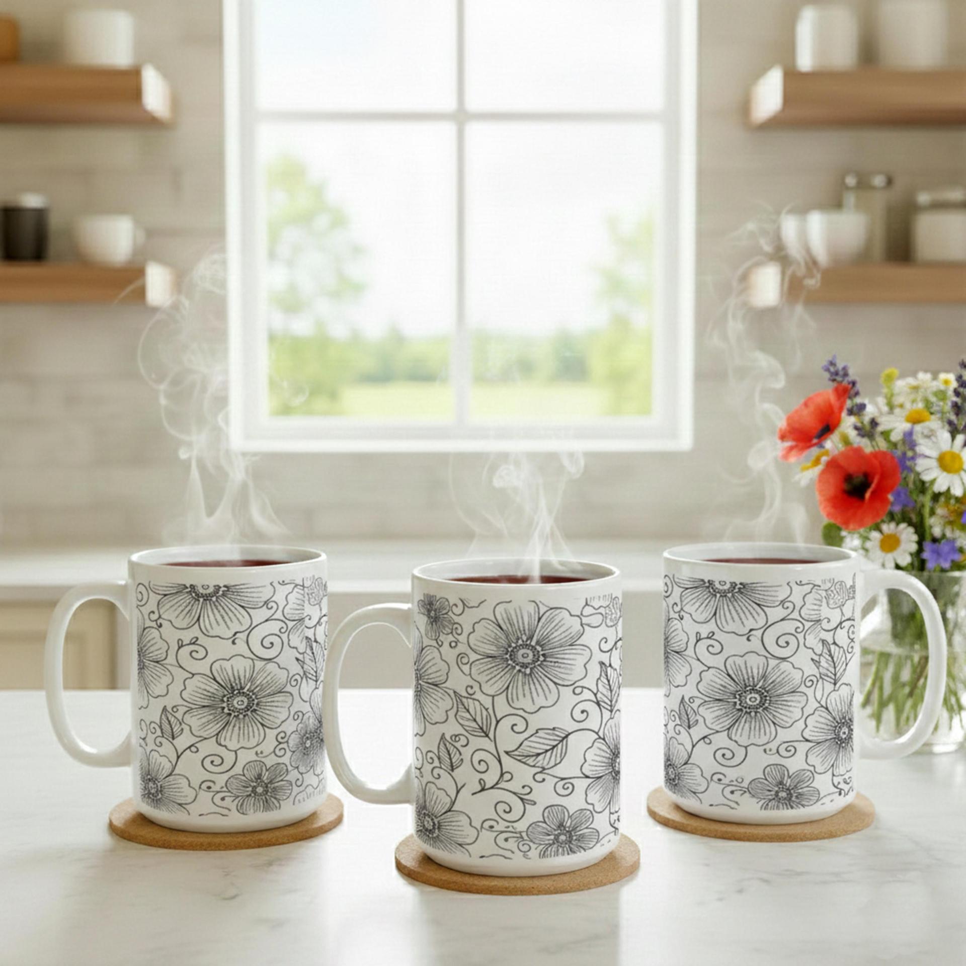 Set of Big Mugs, Floral Cup Set, Large 15 oz Matching Cups
