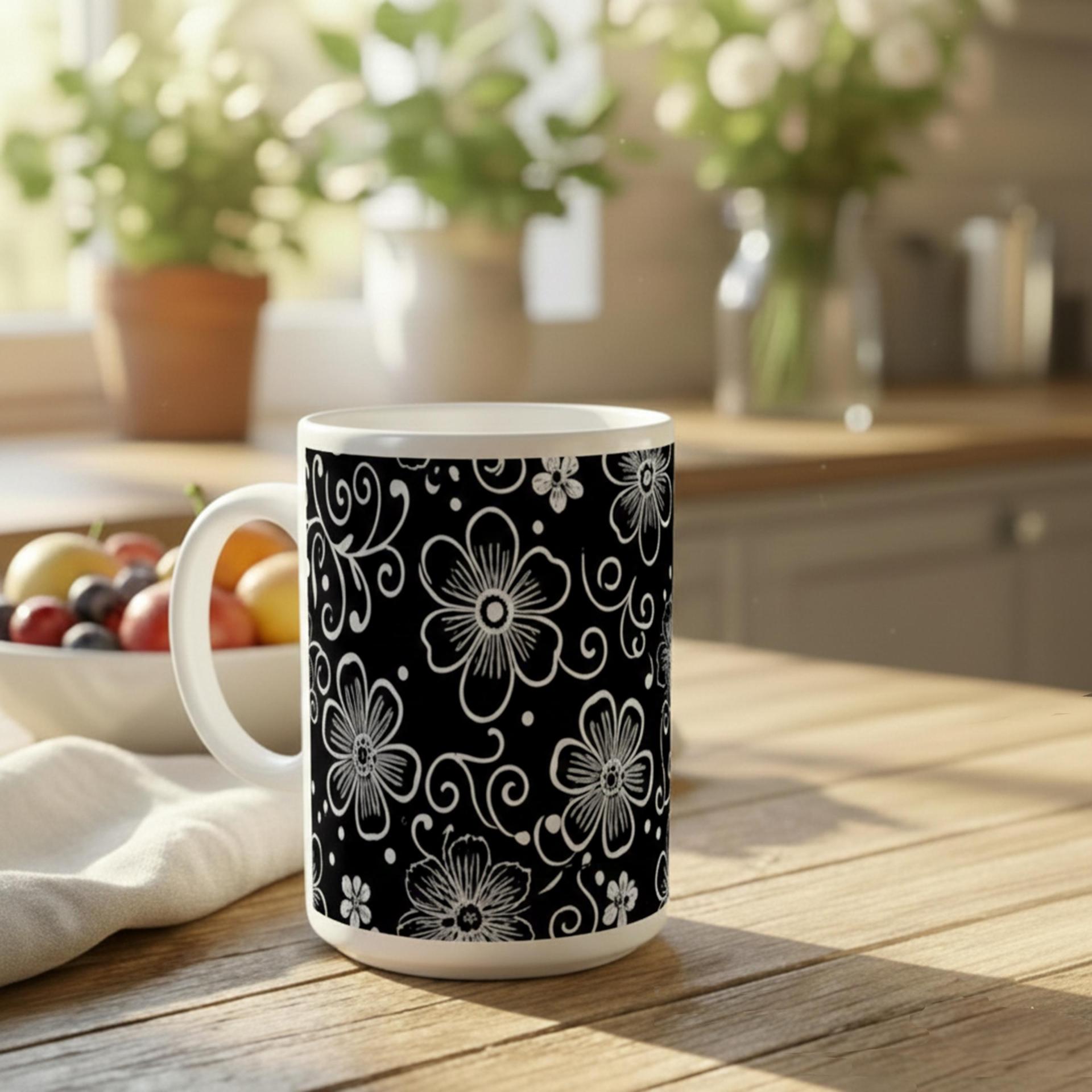 Set of Big Mugs, Dark Floral Cup Set, 15 oz