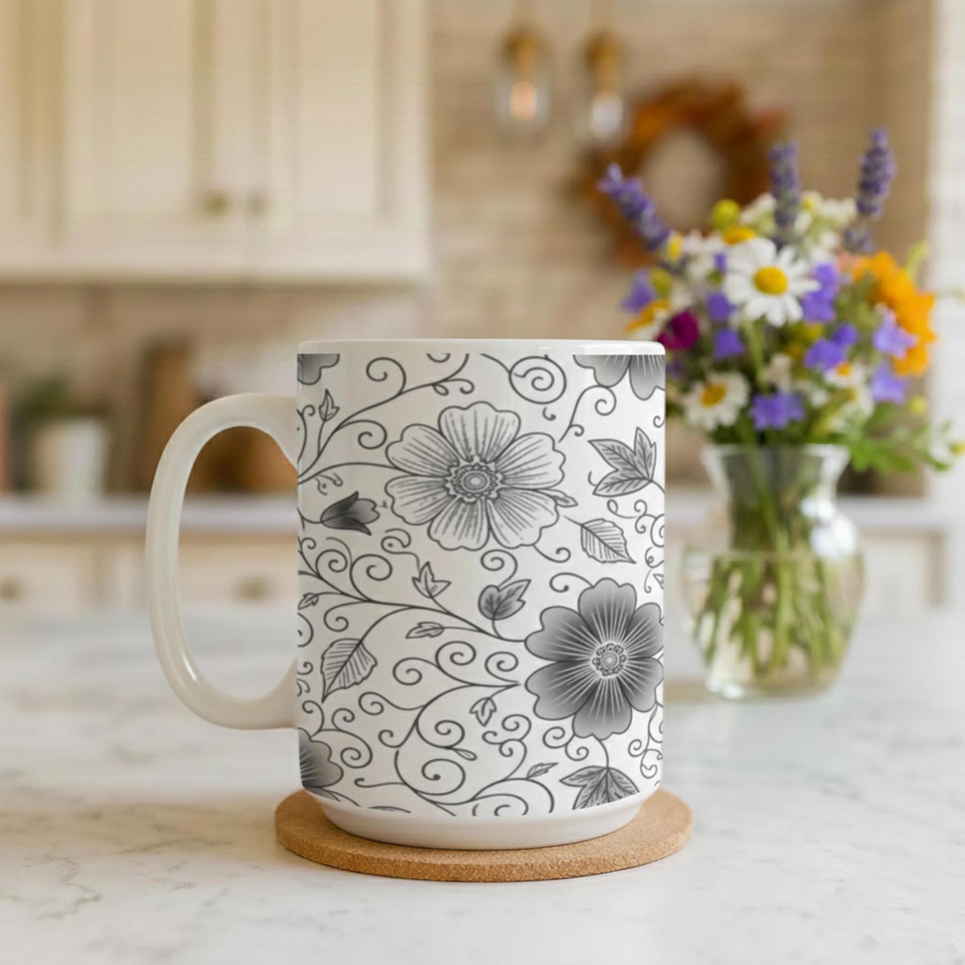 Set of Big Mugs, Floral Cup Set, Large 15 oz Matching Cups