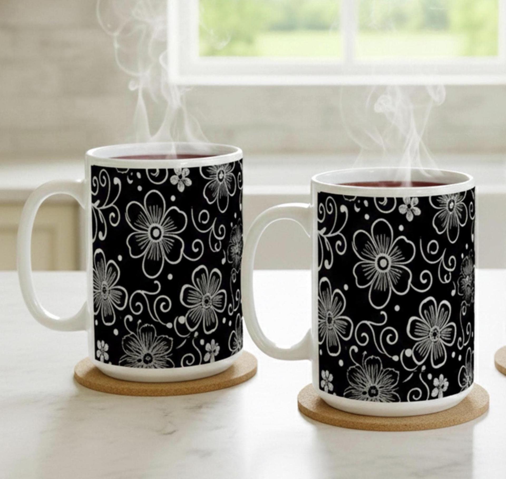 Set of Big Mugs, Dark Floral Cup Set, 15 oz