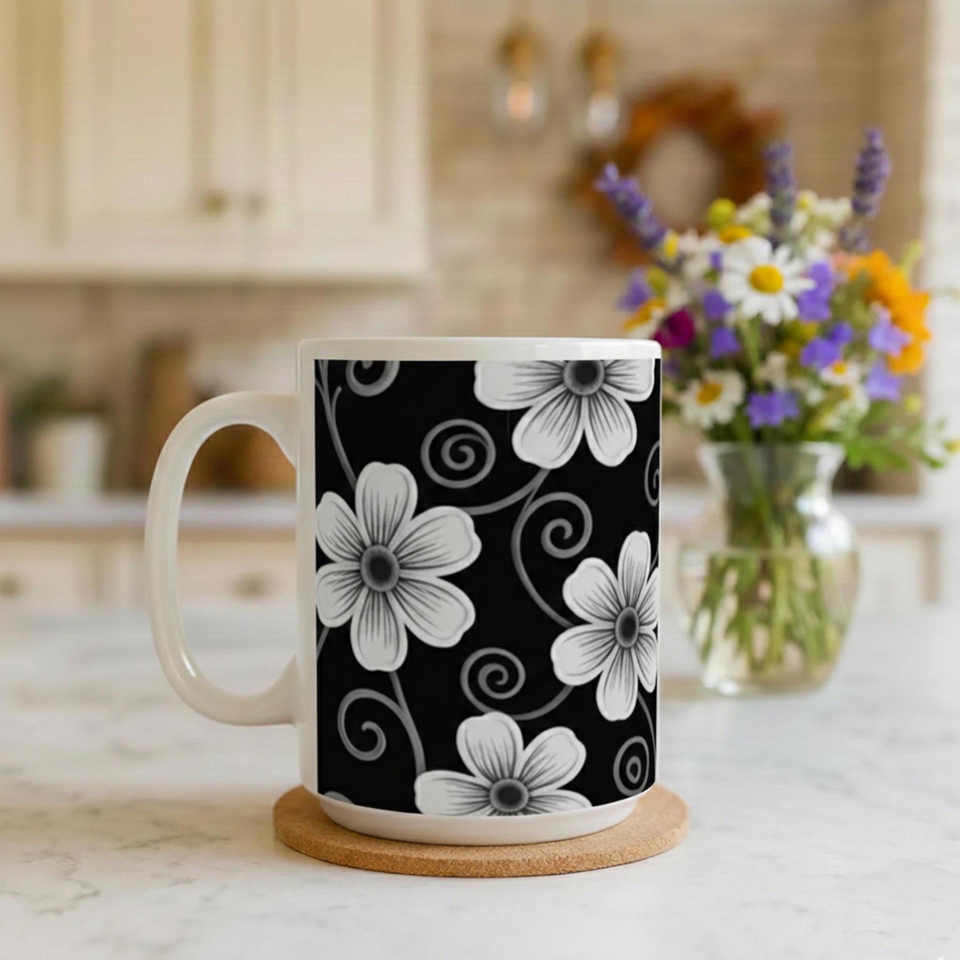 Set of Big Mugs, Dark Floral Cup Set, 15 oz
