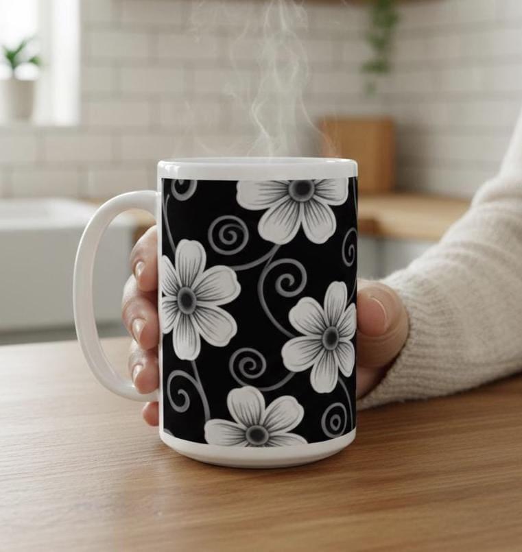 Set of Big Mugs, Dark Floral Cup Set, 15 oz