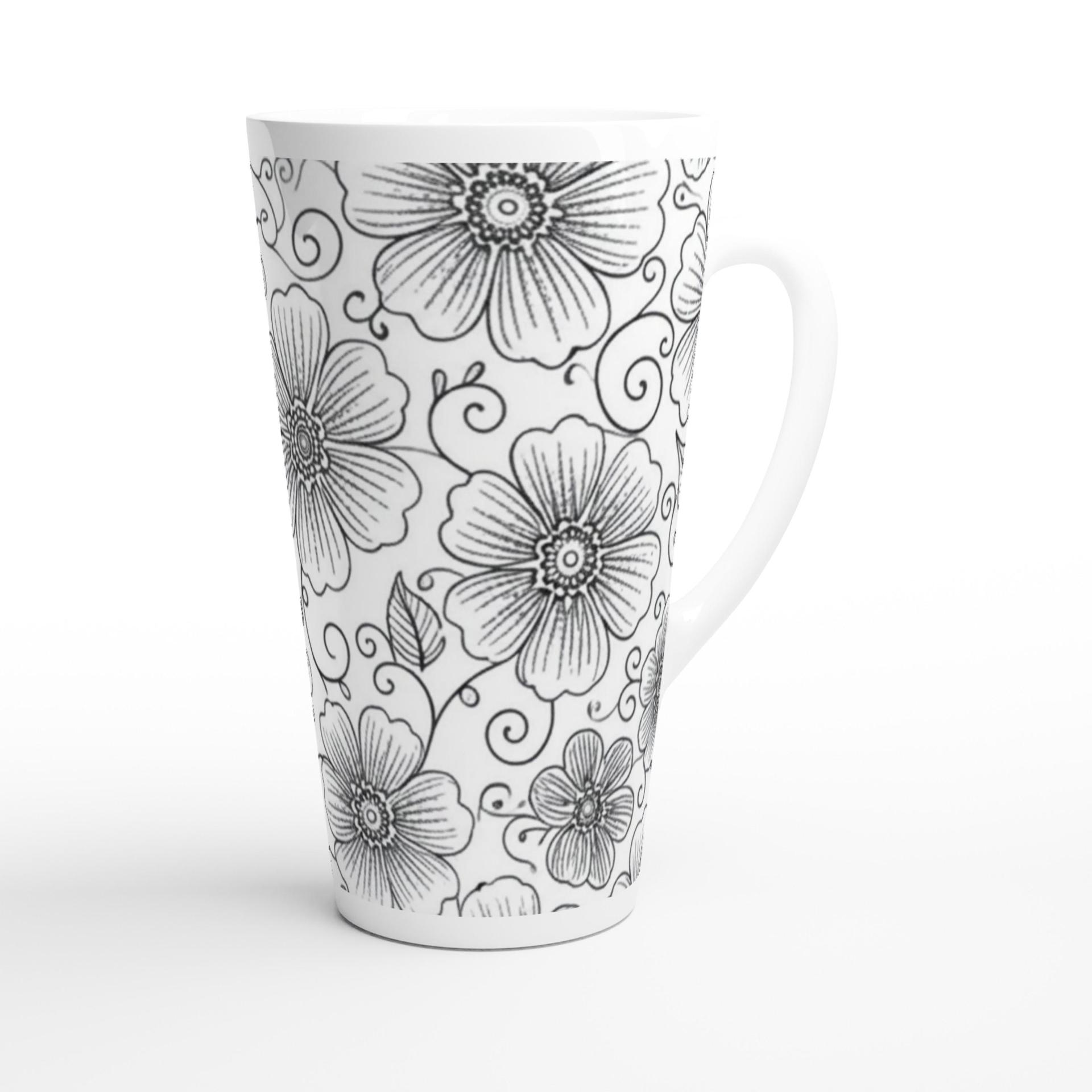 Set of 3 Cups, Floral, 17oz Latte Ceramic Mugs Set - Extra Tall Cup Set