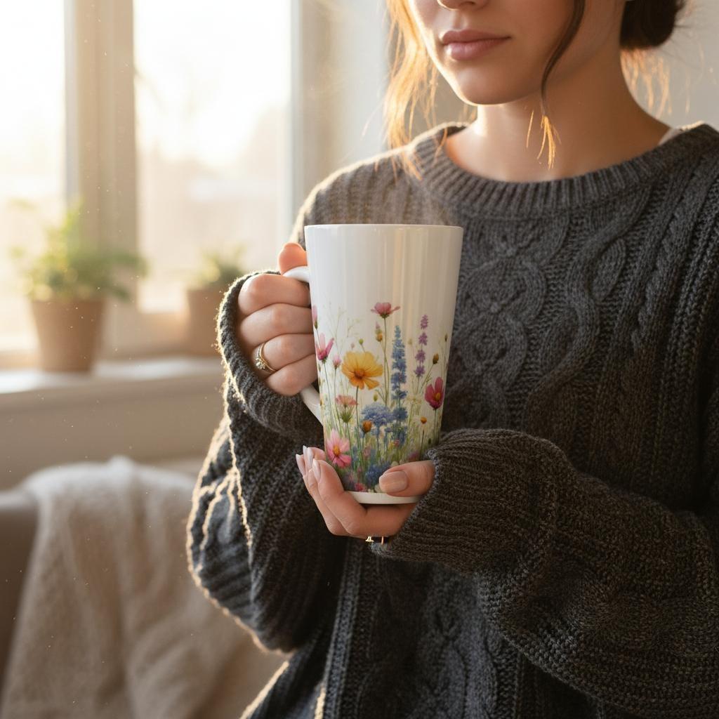 Set of 3 Cups, Floral, 17oz Latte Ceramic Mugs Set - Extra Tall Cup Set
