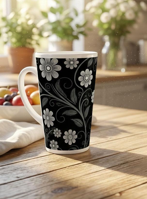 Set of 3 Cups, Floral, 17oz Latte Ceramic Mugs Set - Extra Tall Cup Set