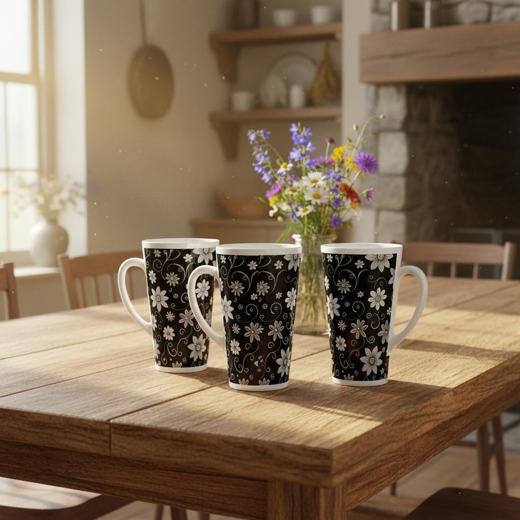 Set of 3 Cups, Floral, 17oz Latte Ceramic Mugs Set - Extra Tall Cup Set